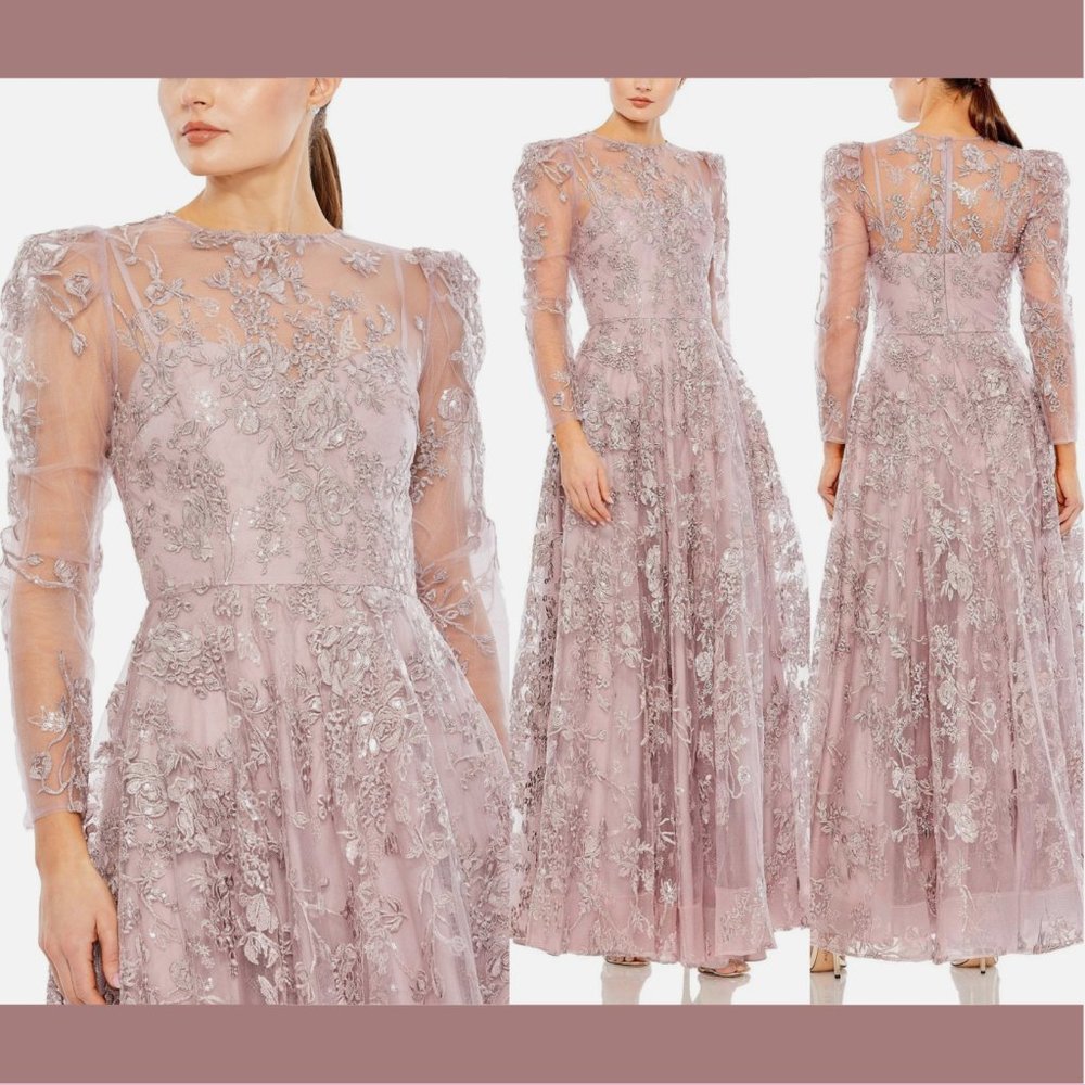 NWT $598 Mac Duggal [ 20 ] Embroidered Illusion High Neck A Line Gown Lilac Mauv